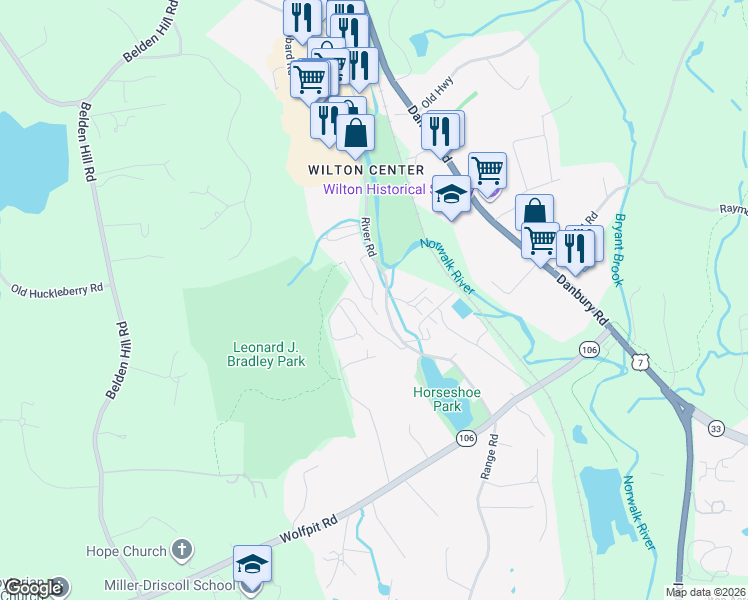 map of restaurants, bars, coffee shops, grocery stores, and more near 48 Glen Ridge in Wilton