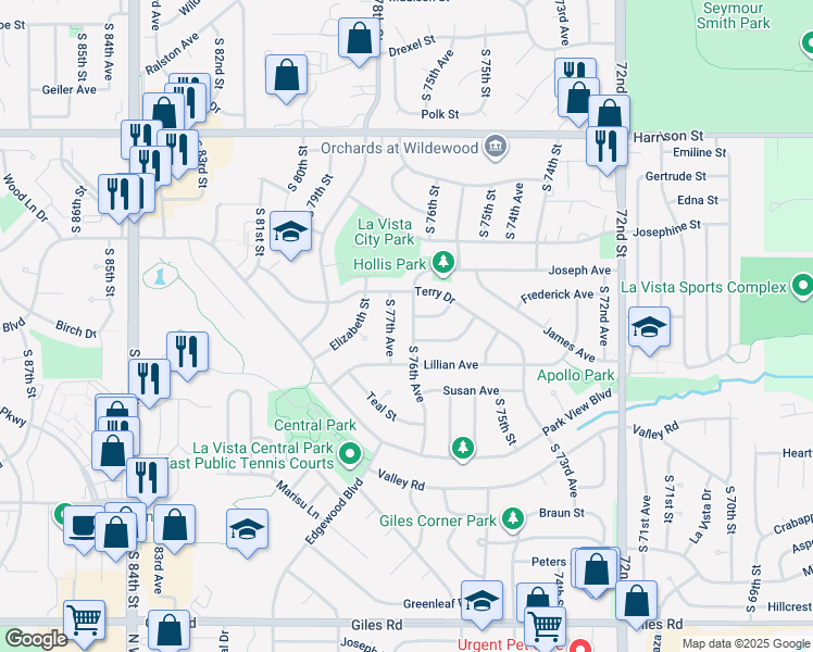 map of restaurants, bars, coffee shops, grocery stores, and more near 7544 Olive Avenue in La Vista