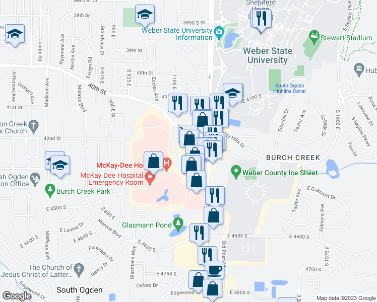 map of restaurants, bars, coffee shops, grocery stores, and more near 4275 Harrison Boulevard in Ogden