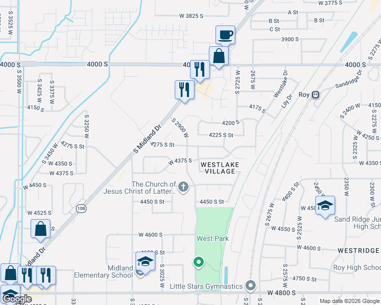 map of restaurants, bars, coffee shops, grocery stores, and more near 4366 South 2900 West in Roy