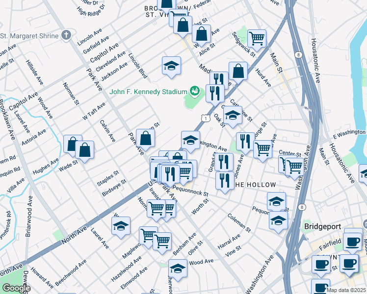 map of restaurants, bars, coffee shops, grocery stores, and more near 1492 North Avenue in Bridgeport