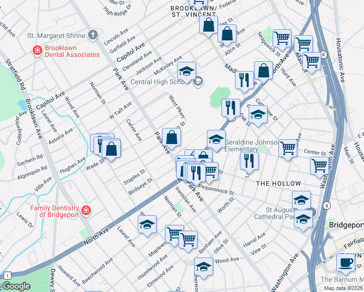 map of restaurants, bars, coffee shops, grocery stores, and more near 140 Lorraine Street in Bridgeport