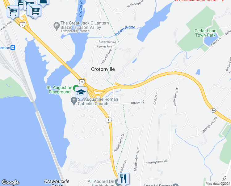 map of restaurants, bars, coffee shops, grocery stores, and more near 11 Old Albany Post Road in Ossining