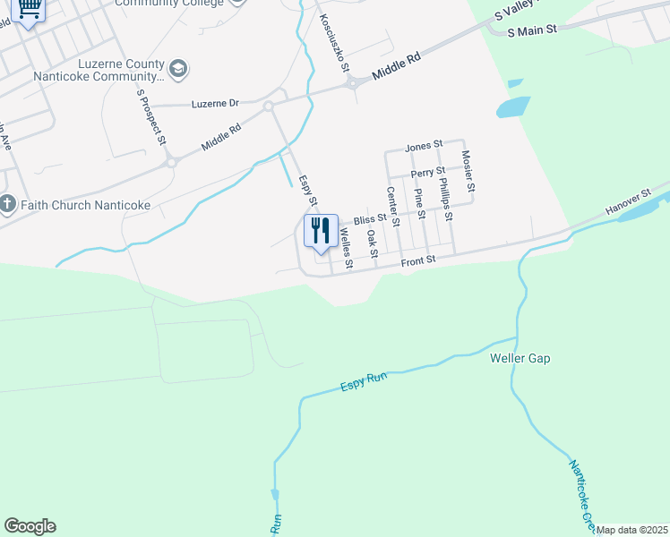 map of restaurants, bars, coffee shops, grocery stores, and more near 115 Espy Street in Nanticoke