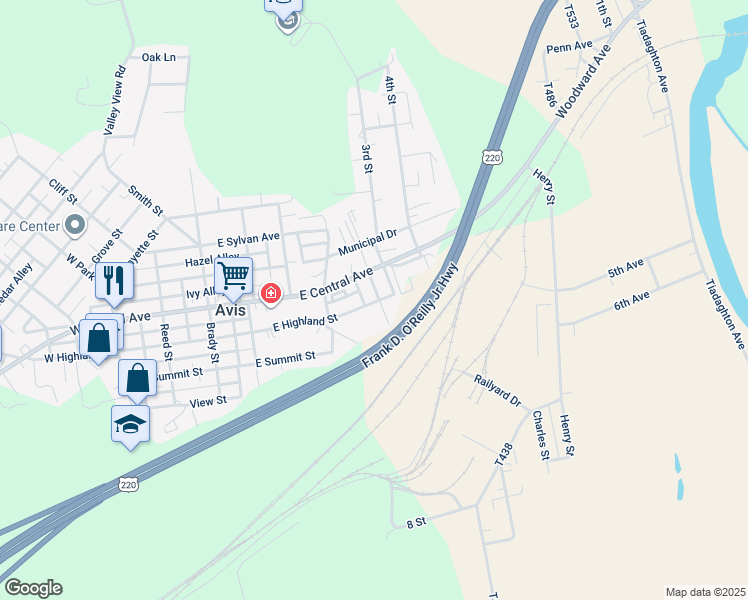 map of restaurants, bars, coffee shops, grocery stores, and more near 601 Shaw Street in Avis