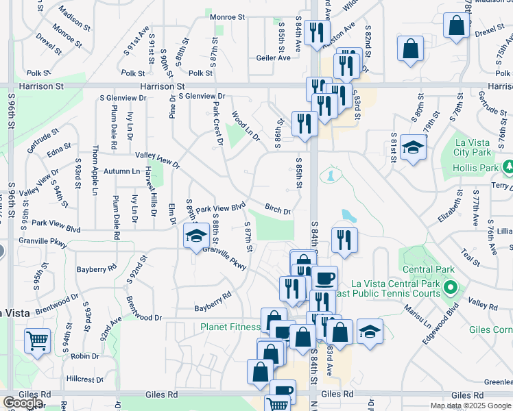 map of restaurants, bars, coffee shops, grocery stores, and more near 8618 Birch Drive in La Vista