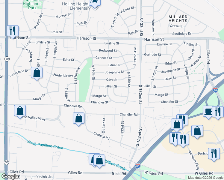 map of restaurants, bars, coffee shops, grocery stores, and more near 13426 Lillian Street in Omaha
