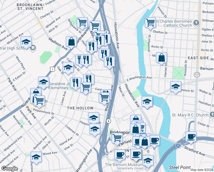 map of restaurants, bars, coffee shops, grocery stores, and more near 797 East Washington Avenue in Bridgeport