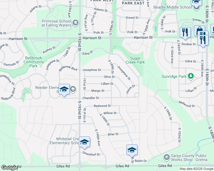 map of restaurants, bars, coffee shops, grocery stores, and more near 18906 Lillian Street in Omaha