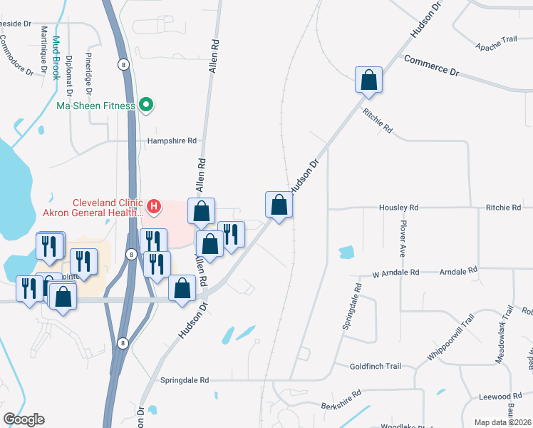 map of restaurants, bars, coffee shops, grocery stores, and more near 4316 Hudson Drive in Stow