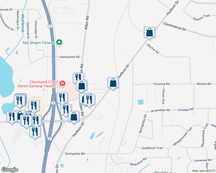 map of restaurants, bars, coffee shops, grocery stores, and more near 4316 Hudson Drive in Stow