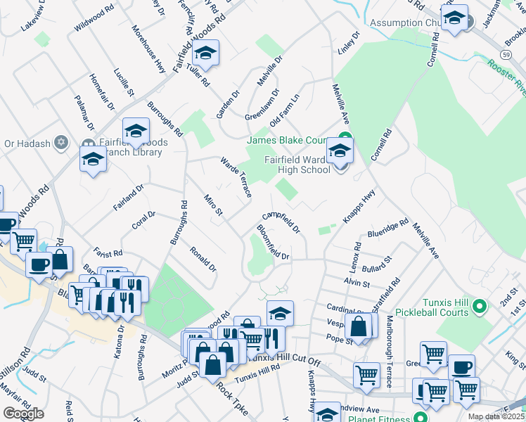 map of restaurants, bars, coffee shops, grocery stores, and more near 312 Warde Terrace in Fairfield