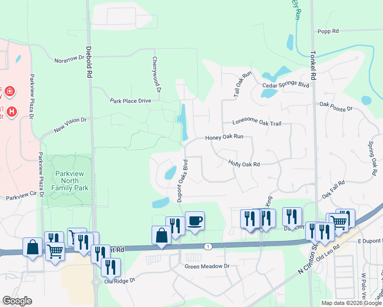 map of restaurants, bars, coffee shops, grocery stores, and more near 4709 Burnt Oak Trail in Fort Wayne