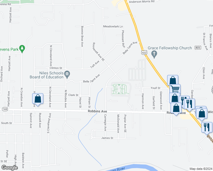 map of restaurants, bars, coffee shops, grocery stores, and more near 1916 Youll Avenue in Niles