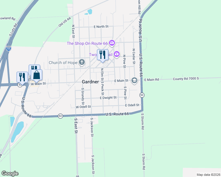 map of restaurants, bars, coffee shops, grocery stores, and more near 215 East Wilmington Street in Gardner