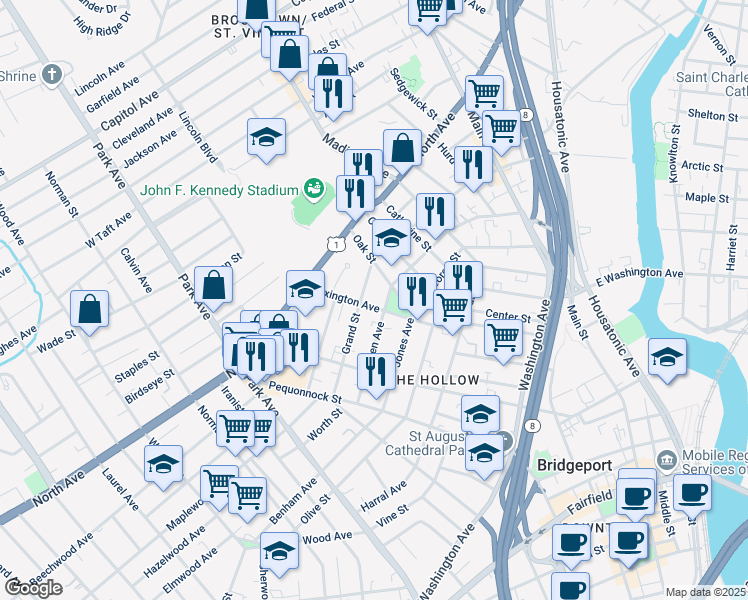 map of restaurants, bars, coffee shops, grocery stores, and more near 392 Lexington Avenue in Bridgeport