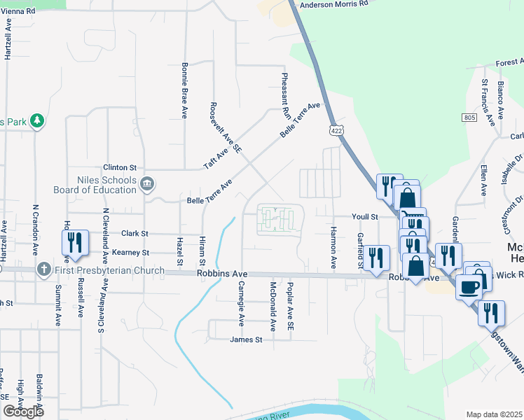map of restaurants, bars, coffee shops, grocery stores, and more near 1919 Roosevelt Avenue Southeast in Niles