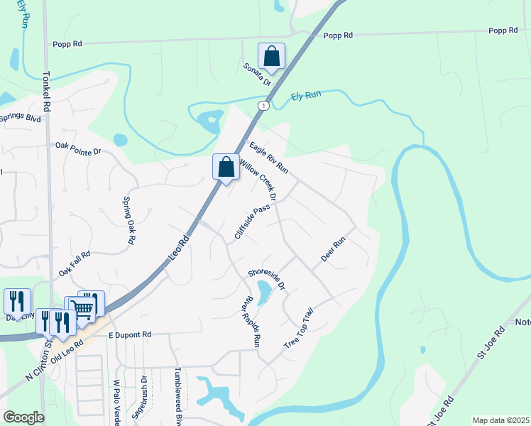 map of restaurants, bars, coffee shops, grocery stores, and more near 10933 Willow Creek Dr in Fort Wayne