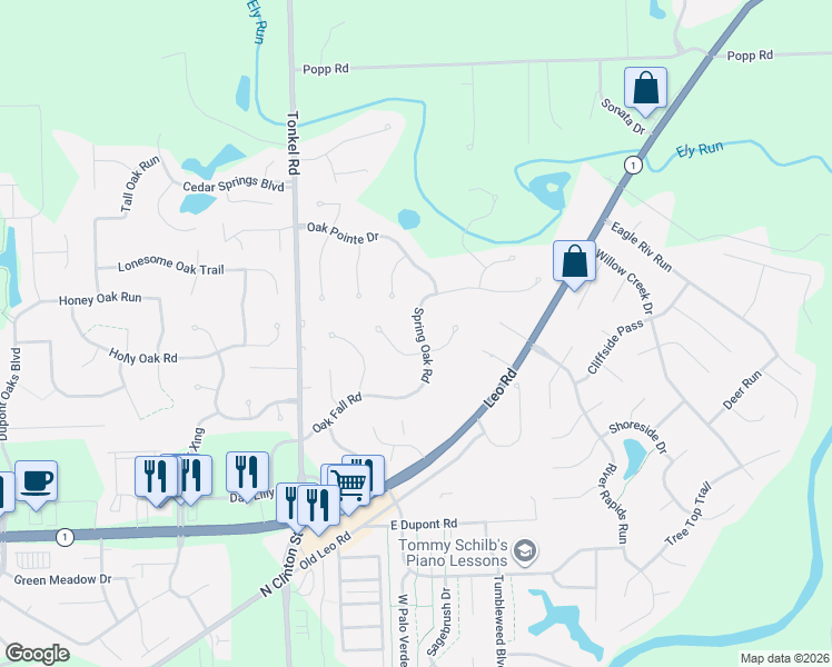 map of restaurants, bars, coffee shops, grocery stores, and more near 11006-11018 Spring Oak Road in Fort Wayne