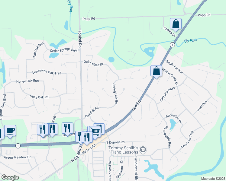 map of restaurants, bars, coffee shops, grocery stores, and more near 11006-11018 Spring Oak Road in Fort Wayne