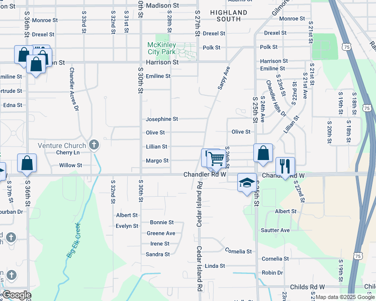map of restaurants, bars, coffee shops, grocery stores, and more near 2714 Lillian Street in Bellevue