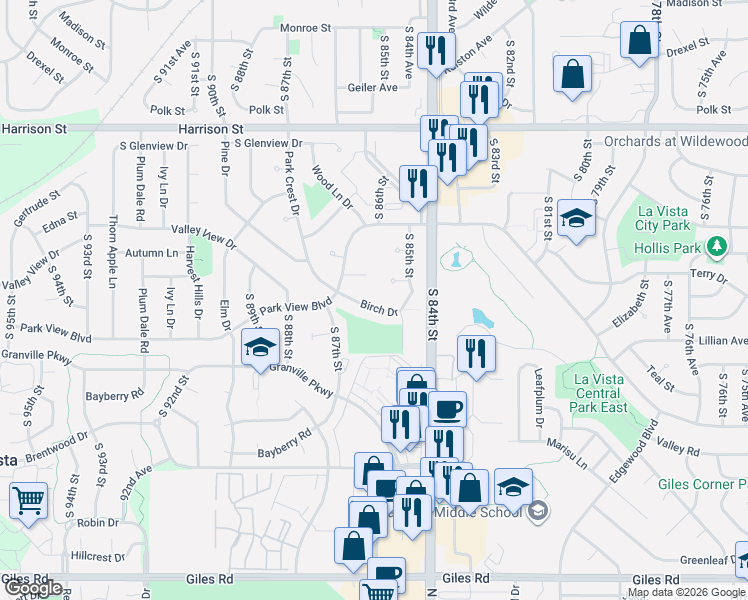 map of restaurants, bars, coffee shops, grocery stores, and more near 8511 Spruce Court in La Vista