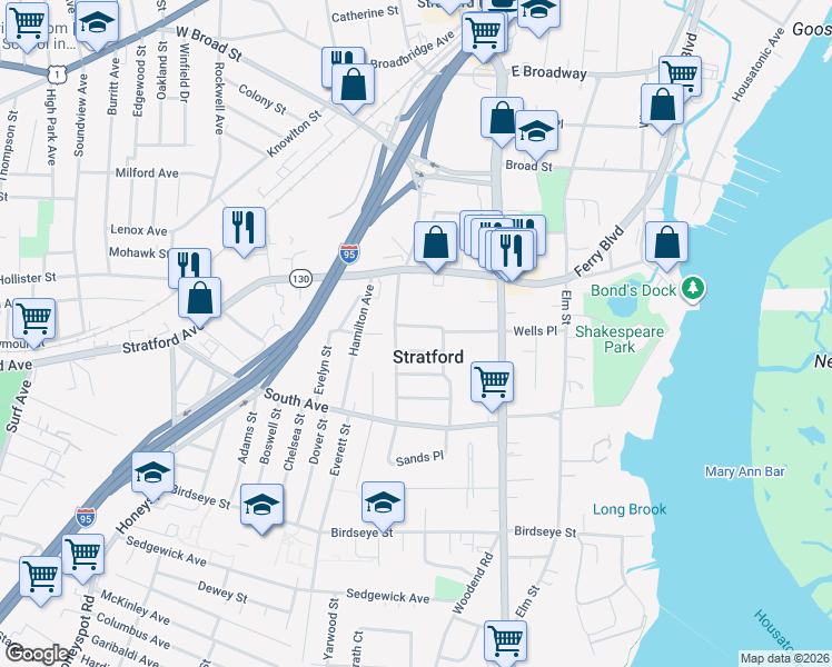 map of restaurants, bars, coffee shops, grocery stores, and more near 1288 Wells Place in Stratford