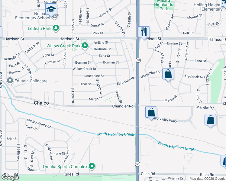 map of restaurants, bars, coffee shops, grocery stores, and more near 14611 Echo Hills Drive in Omaha