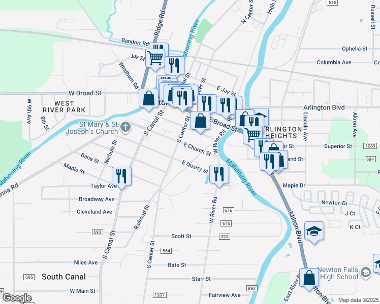 map of restaurants, bars, coffee shops, grocery stores, and more near 28 E Church St in Newton Falls