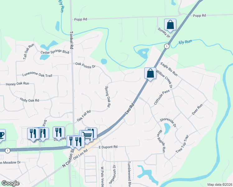 map of restaurants, bars, coffee shops, grocery stores, and more near 5931 Spring Oak Court in Fort Wayne