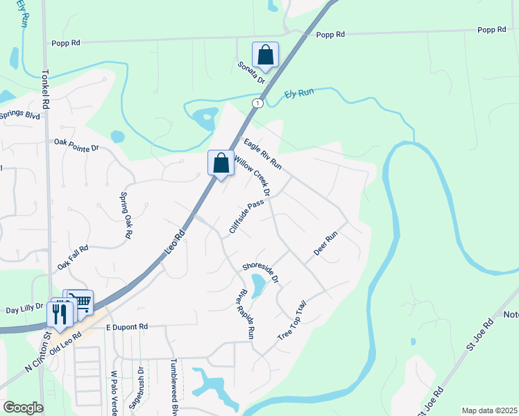 map of restaurants, bars, coffee shops, grocery stores, and more near 10933 Willow Creek Dr in Fort Wayne