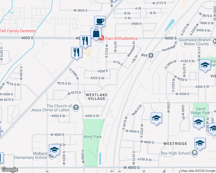 map of restaurants, bars, coffee shops, grocery stores, and more near 2751 West 4275 South in Roy