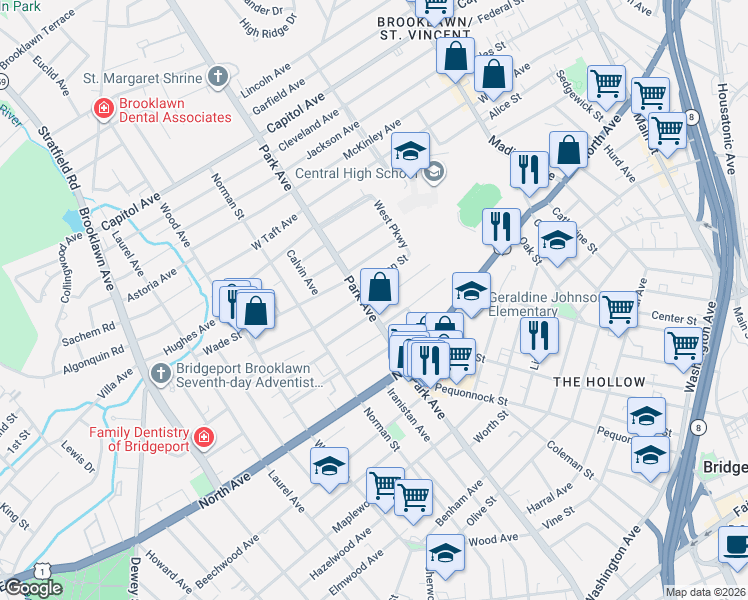 map of restaurants, bars, coffee shops, grocery stores, and more near 140 Lorraine Street in Bridgeport