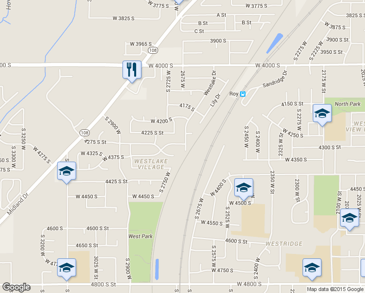 map of restaurants, bars, coffee shops, grocery stores, and more near 4297 Westlake Drive in Roy
