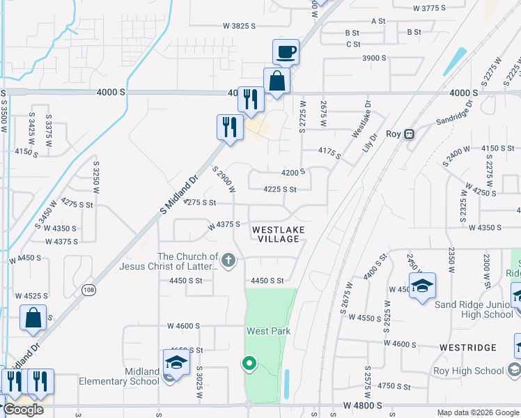 map of restaurants, bars, coffee shops, grocery stores, and more near 2845 4275 South Street in Roy