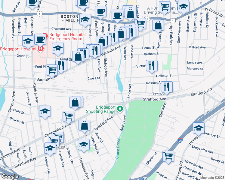 map of restaurants, bars, coffee shops, grocery stores, and more near 250 Bishop Avenue in Bridgeport