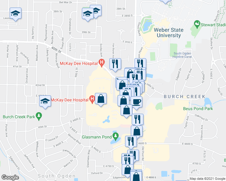 map of restaurants, bars, coffee shops, grocery stores, and more near 1091 Country Hills Drive in Ogden