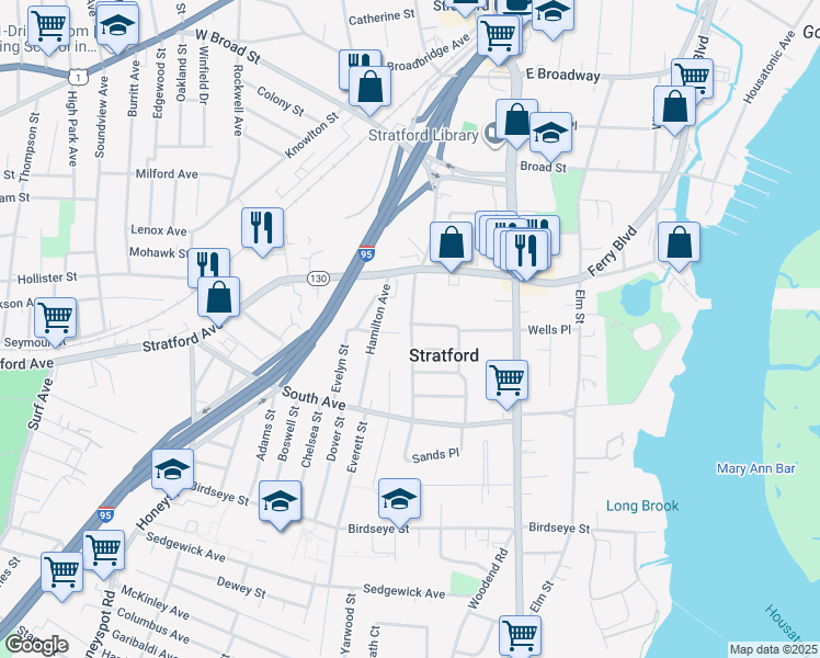 map of restaurants, bars, coffee shops, grocery stores, and more near 1288 Wells Place in Stratford