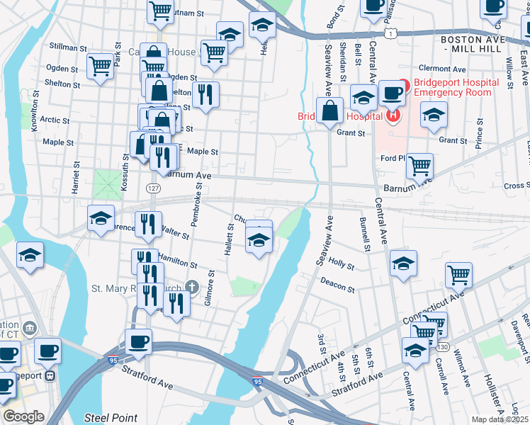 map of restaurants, bars, coffee shops, grocery stores, and more near 580 Crescent Avenue in Bridgeport
