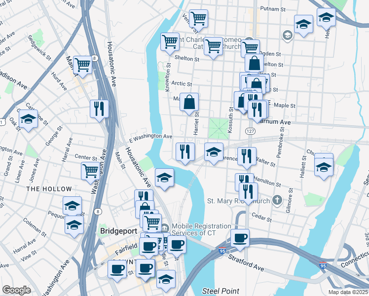 map of restaurants, bars, coffee shops, grocery stores, and more near 6 William Place in Bridgeport