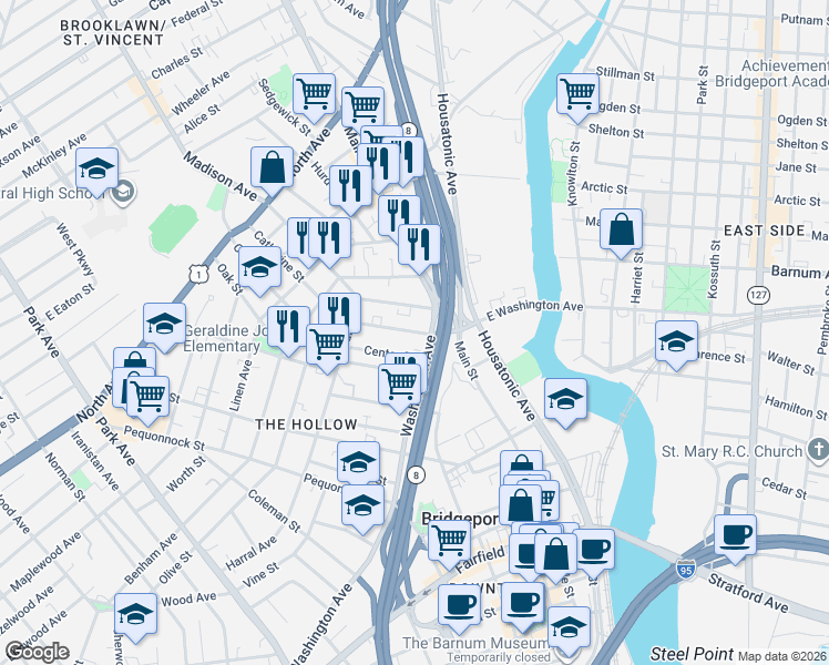 map of restaurants, bars, coffee shops, grocery stores, and more near 797 East Washington Avenue in Bridgeport