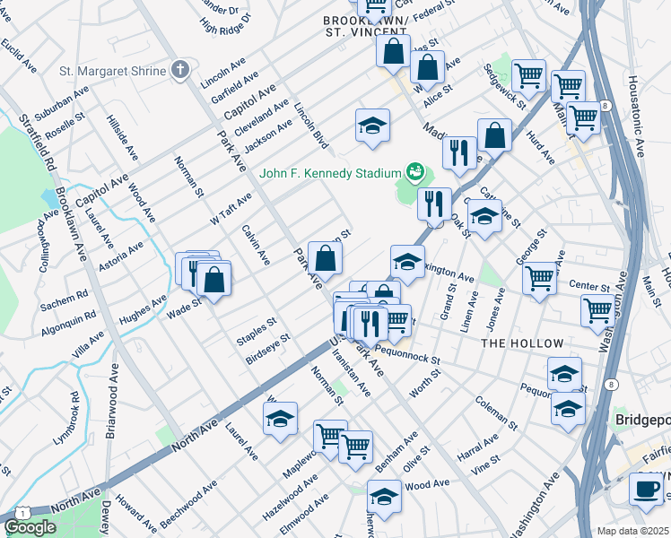 map of restaurants, bars, coffee shops, grocery stores, and more near 140 Lorraine Street in Bridgeport