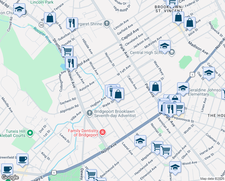 map of restaurants, bars, coffee shops, grocery stores, and more near 67 Wade Terrace in Bridgeport