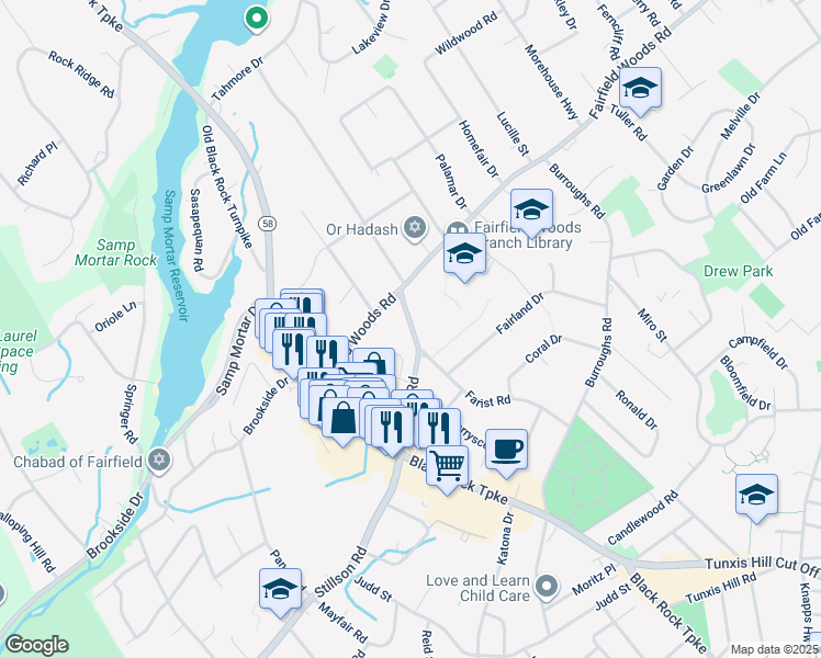 map of restaurants, bars, coffee shops, grocery stores, and more near 99 Stillson Road in Fairfield