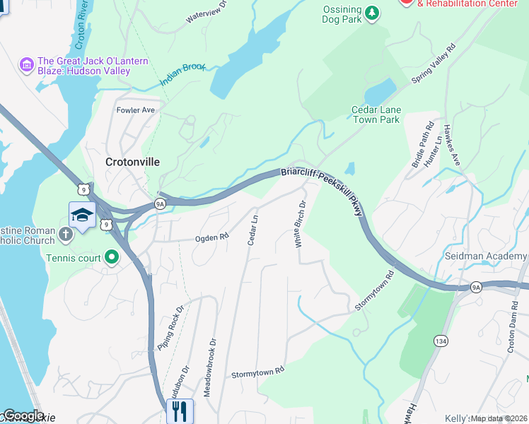 map of restaurants, bars, coffee shops, grocery stores, and more near 118 Cedar Lane in Ossining