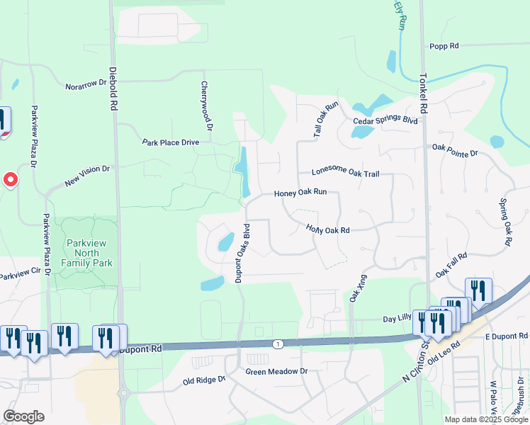 map of restaurants, bars, coffee shops, grocery stores, and more near 4709 Burnt Oak Trail in Fort Wayne