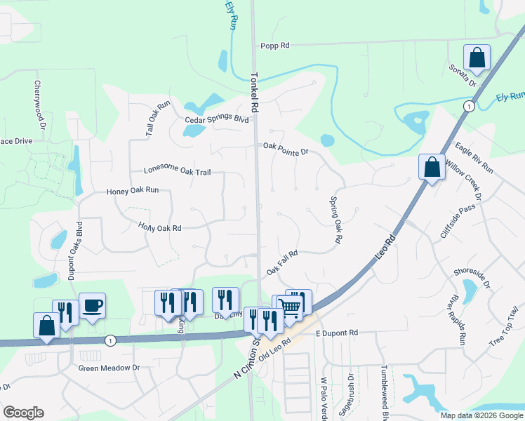 map of restaurants, bars, coffee shops, grocery stores, and more near 11012 Tonkel Road in Fort Wayne