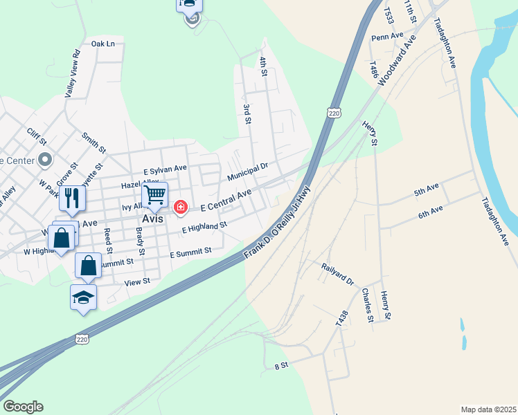 map of restaurants, bars, coffee shops, grocery stores, and more near 601 Shaw Street in Avis