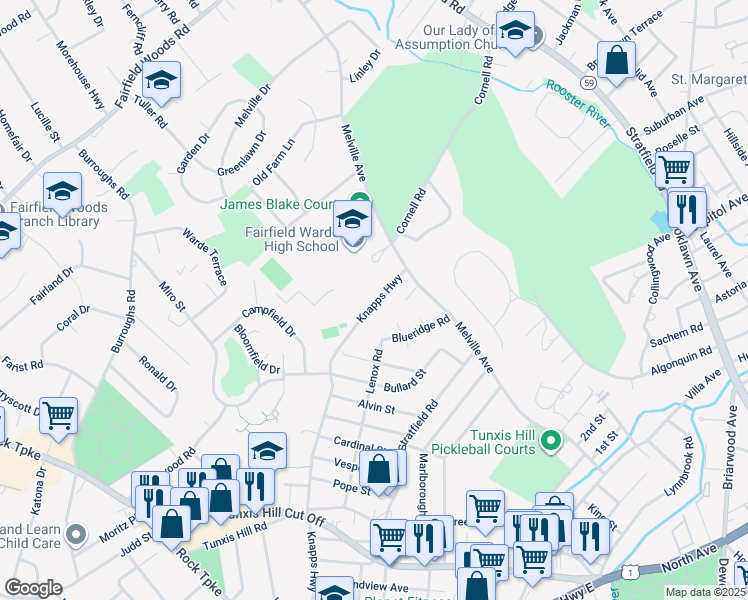 map of restaurants, bars, coffee shops, grocery stores, and more near 100 Knapps Highway in Fairfield