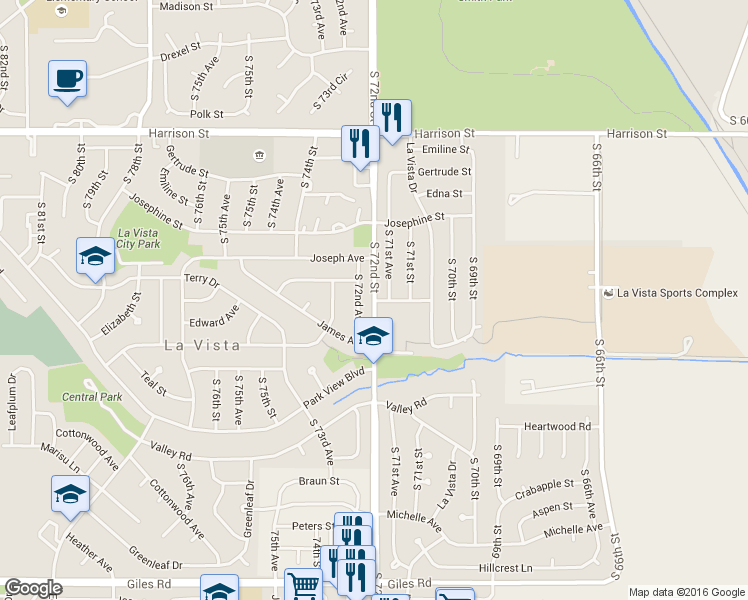 map of restaurants, bars, coffee shops, grocery stores, and more near S 72nd St & Florence St in La Vista